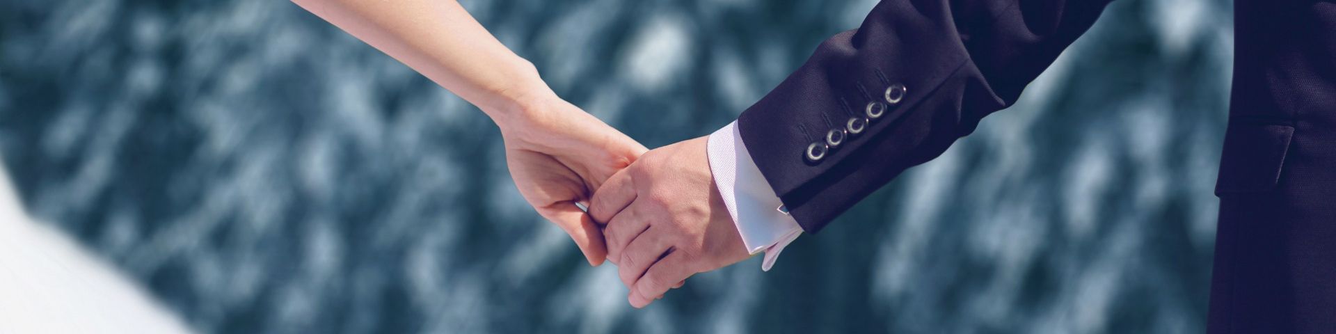 Brautpaar gibt sich die Hand mit Schnee im Hintergrund